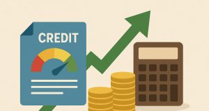 Stack of paperwork, calculator, and credit score chart illustrating loan consolidation benefits