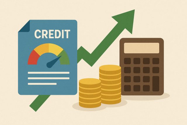 Stack of paperwork, calculator, and credit score chart illustrating loan consolidation benefits