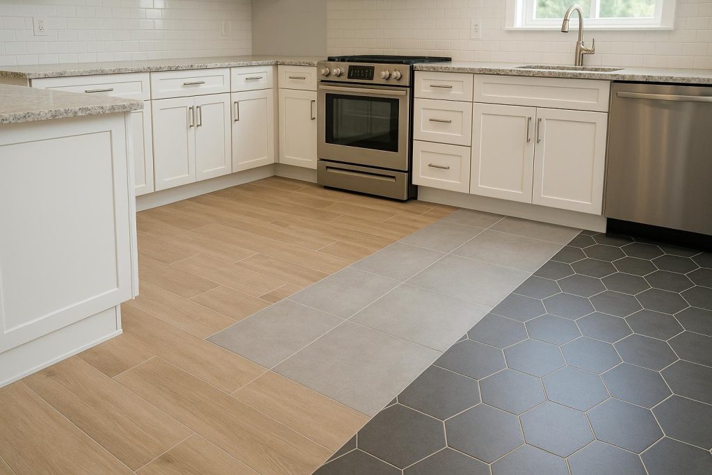 Durable ceramic and porcelain tiles in modern kitchen designed for high-traffic floor use