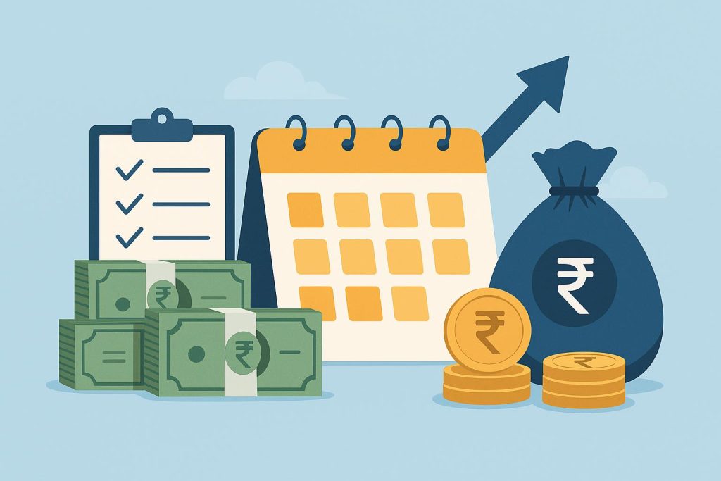 Stack of rupee notes and a payslip representing personal loans for salaried professionals