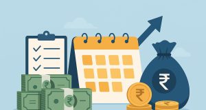 Stack of rupee notes and a payslip representing personal loans for salaried professionals