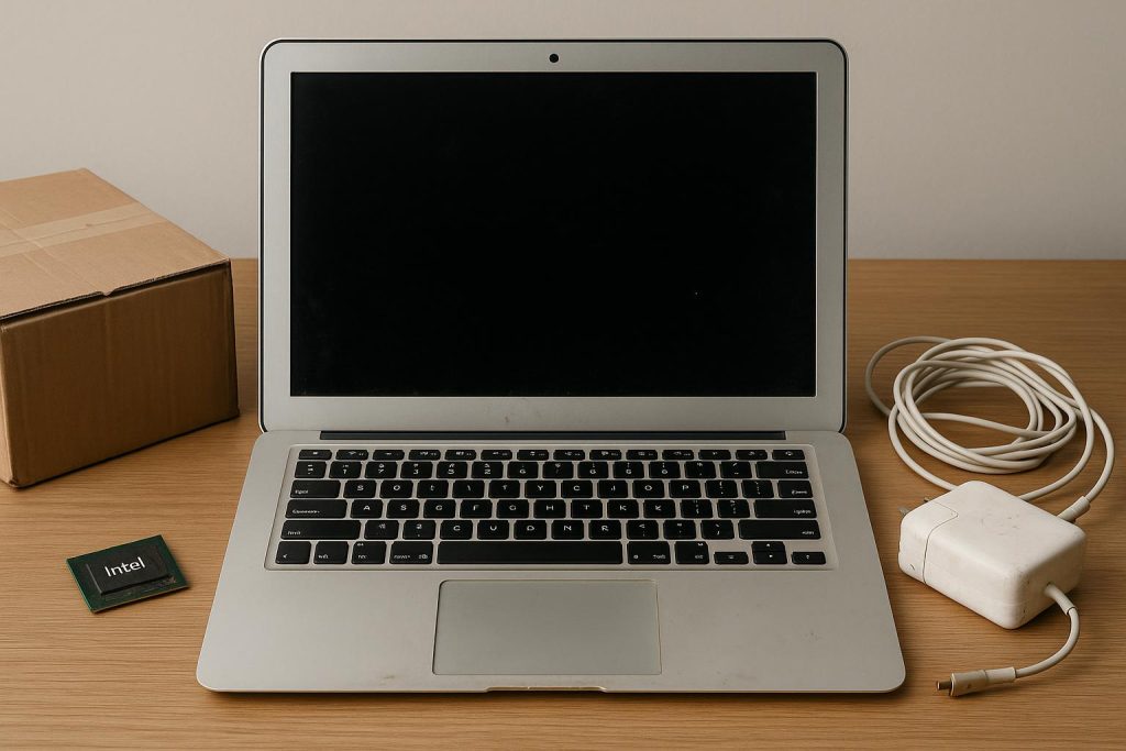 Used MacBook with scratched surface and worn keyboard on a desk, highlighting device condition.