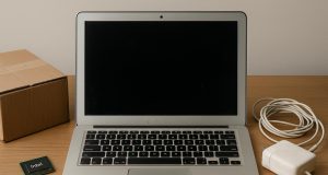 Used MacBook with scratched surface and worn keyboard on a desk, highlighting device condition.