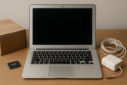 Used MacBook with scratched surface and worn keyboard on a desk, highlighting device condition.