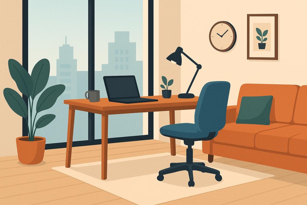 Modern condo home office setup promoting remote work and healthy work-life balance tips