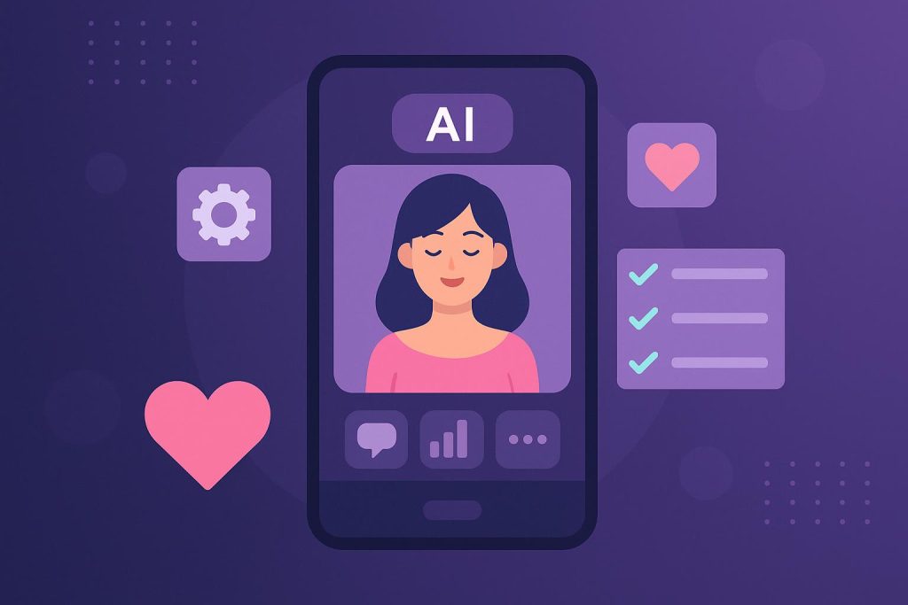 Smartphone displaying top AI girlfriend app features and chat interface for choosing the best app