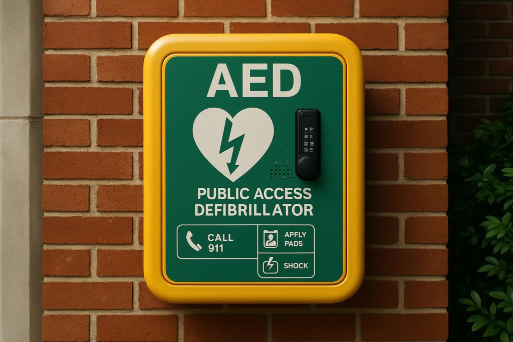 Close-up of a public AED mounted on a wall in an emergency-ready location
