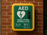 Close-up of a public AED mounted on a wall in an emergency-ready location