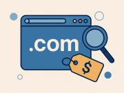 .com domain name registration concept with search bar and branding icons for SEO strategies