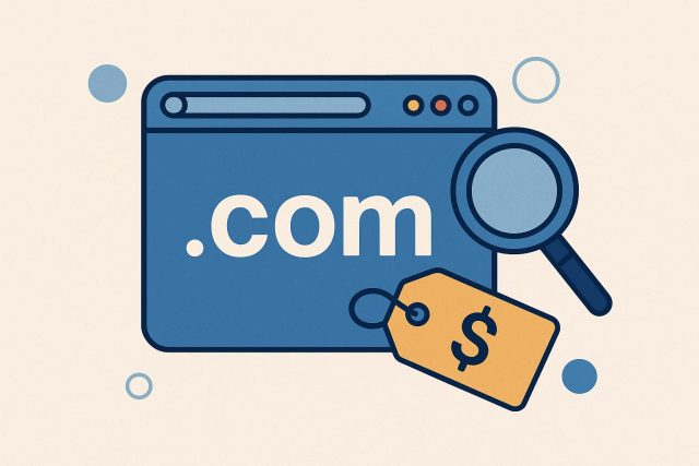 .com domain name registration concept with search bar and branding icons for SEO strategies
