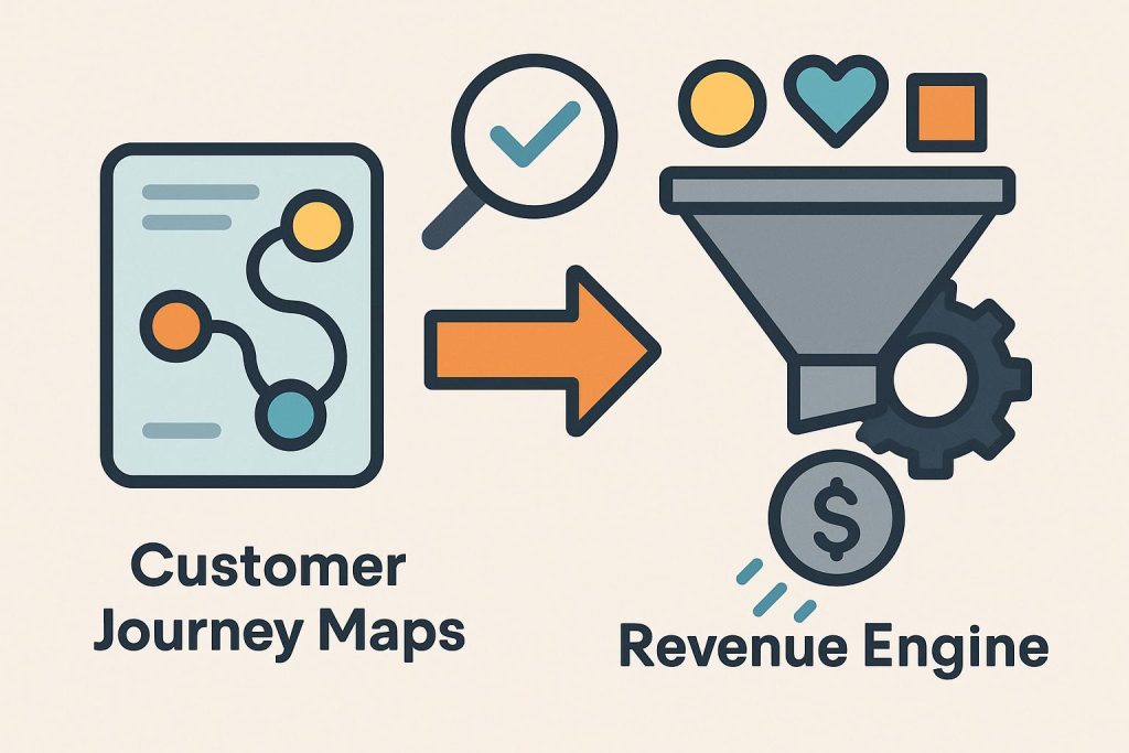Customer journey map illustration transforming into a visual representation of business revenue growth