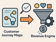 From Customer Journey Maps to Revenue Engines Customer journey map illustration transforming into a visual representation of business revenue growth