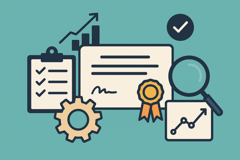 Business analyst certification guide concept with charts, graphs, and study materials for beginners