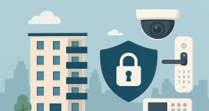 Modern condo building with digital access panel highlighting advanced security features