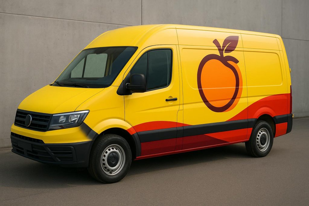Branded delivery vans with custom commercial fleet wraps parked in a business district