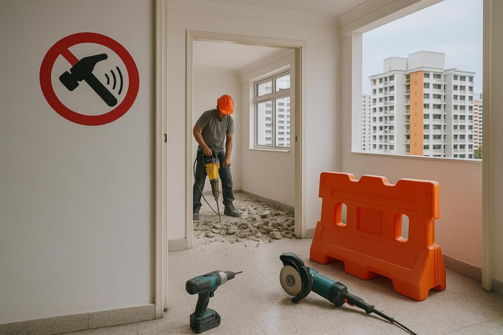 Renovation work causing noise disturbances in Singapore residential neighborhood.