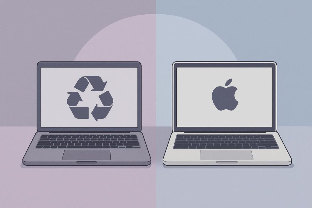 Side-by-side comparison of refurbished and new MacBook laptops highlighting key differences