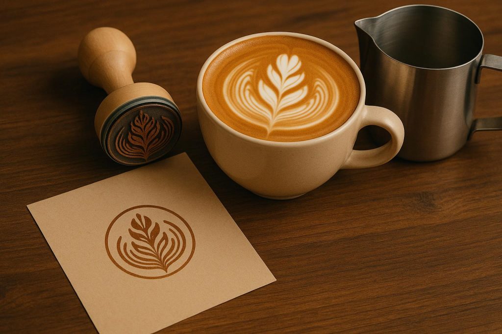 Artisan coffee cup with latte art on rustic table, representing Stamp A Latte lifestyle