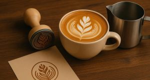 Artisan coffee cup with latte art on rustic table, representing Stamp A Latte lifestyle