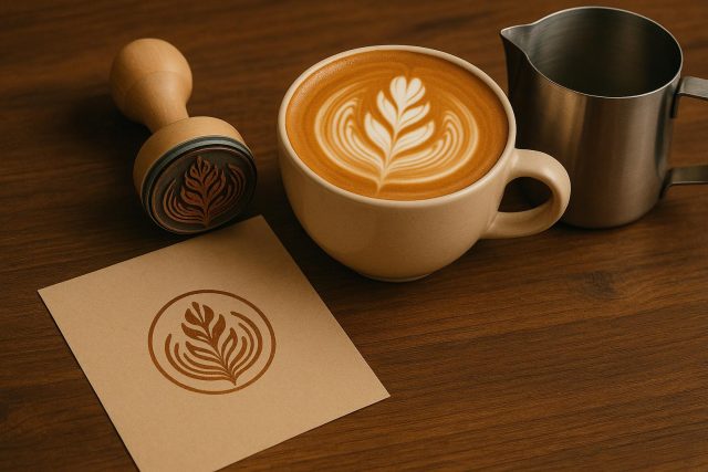 Artisan coffee cup with latte art on rustic table, representing Stamp A Latte lifestyle