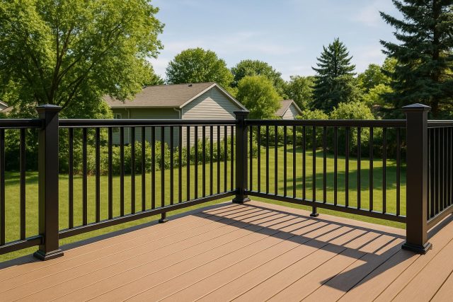 Residential deck railing with secure construction, illustrating building code compliance standards
