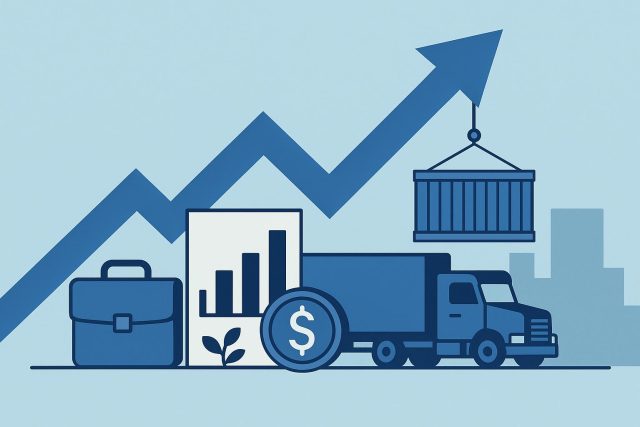 Trucks on highway representing transportation industry challenges and labor market growth planning