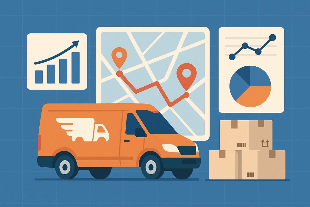 Delivery trucks tracked on a digital dashboard illustrating unified data for courier operations