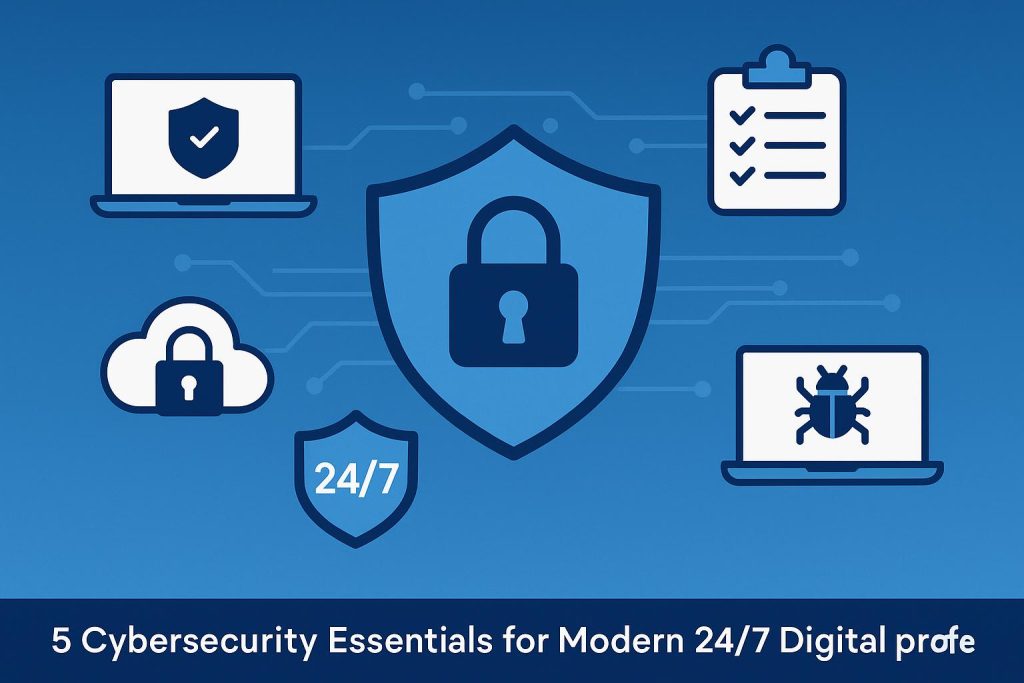 Laptop with lock icon and digital security symbols representing cybersecurity essentials