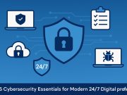 Laptop with lock icon and digital security symbols representing cybersecurity essentials