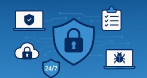 Laptop with lock icon and digital security symbols representing cybersecurity essentials