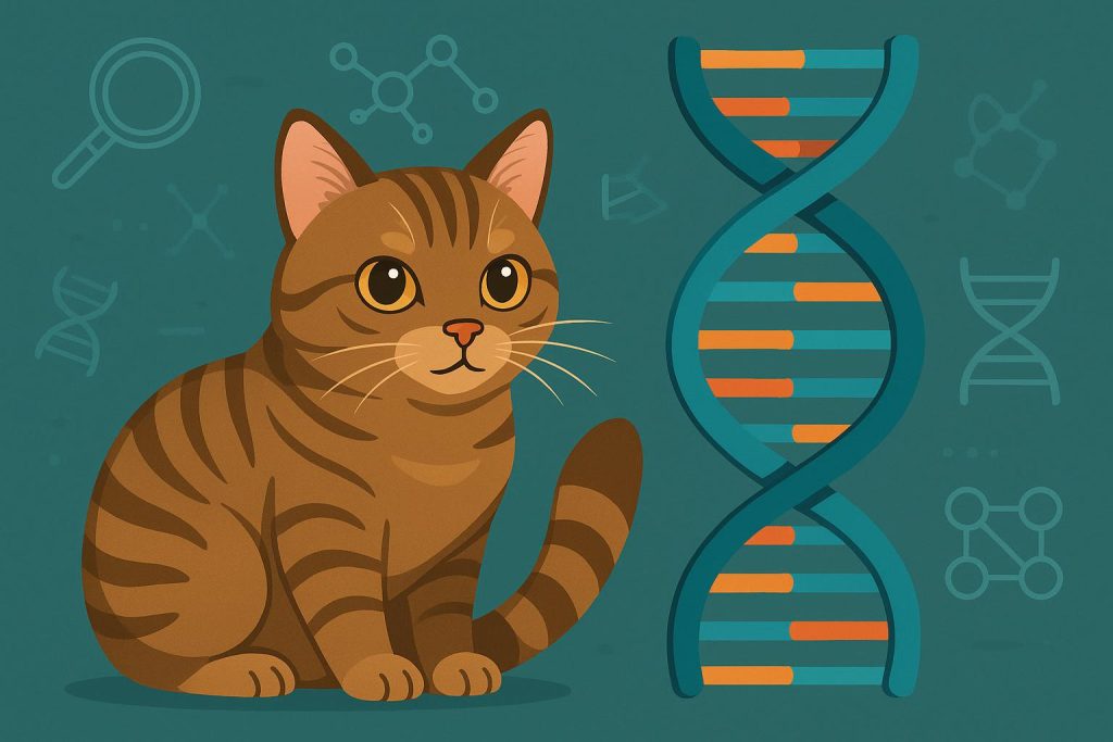 Tabby cat with DNA double helix graphic, illustrating feline genetic testing and analysis