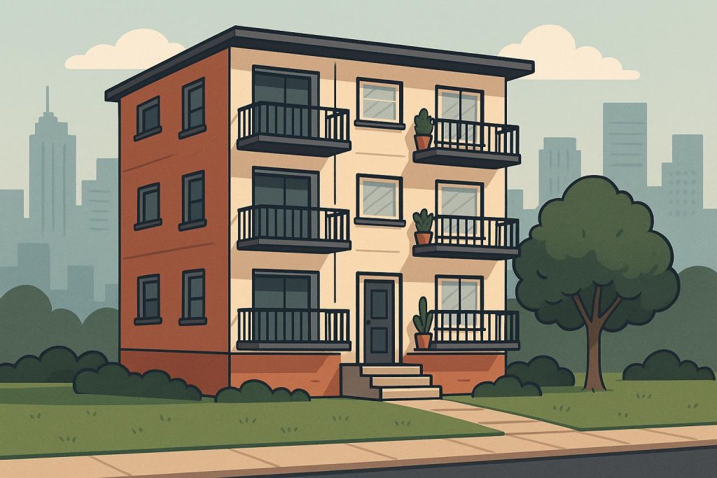 Modern apartment complex exterior with landscaped grounds, highlighting tenant retention strategies