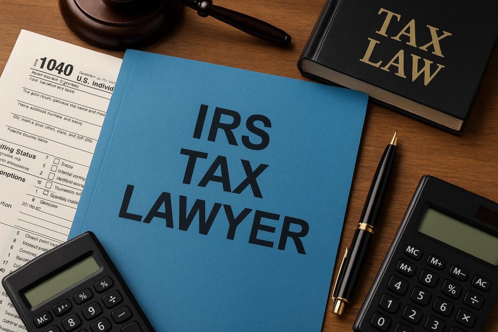 IRS tax lawyer reviewing documents and advising client on tax regulations and legal options