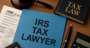 IRS tax lawyer reviewing documents and advising client on tax regulations and legal options