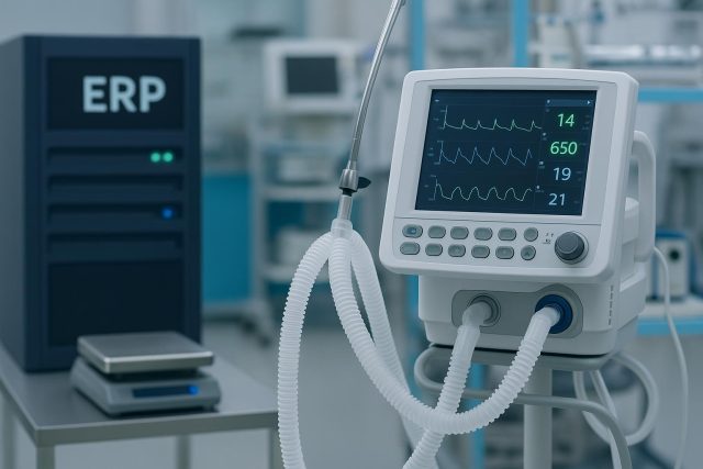 Modern medical device manufacturing facility showcasing integrated ERP software dashboard for compliance