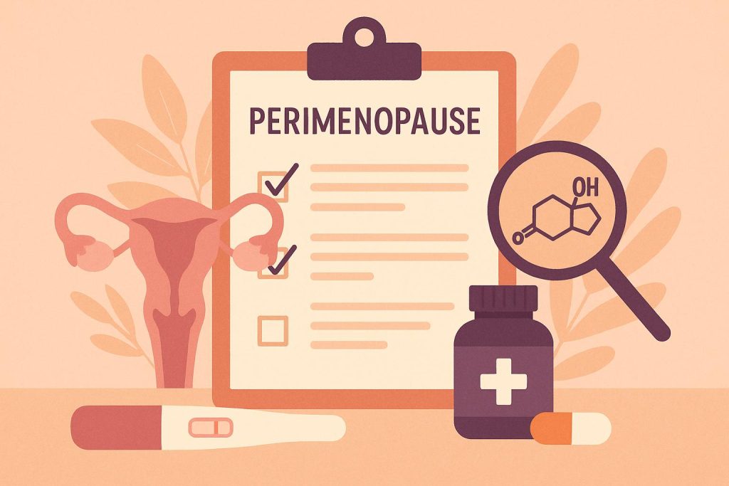 Perimenopause test kits and health guides illustrating benefits for women’s hormonal health