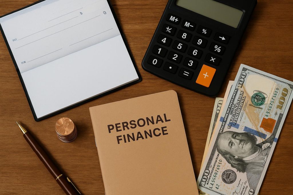 Budget planning with calculator, notebook, and financial charts on table for personal finance management