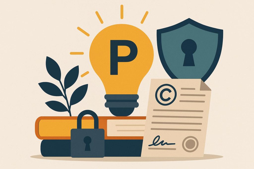 Illustration of copyright symbols and digital locks representing intellectual property protection