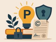 Illustration of copyright symbols and digital locks representing intellectual property protection