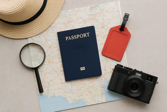 Open passport with travel stamps and world map, representing solutions for lost passports abroad