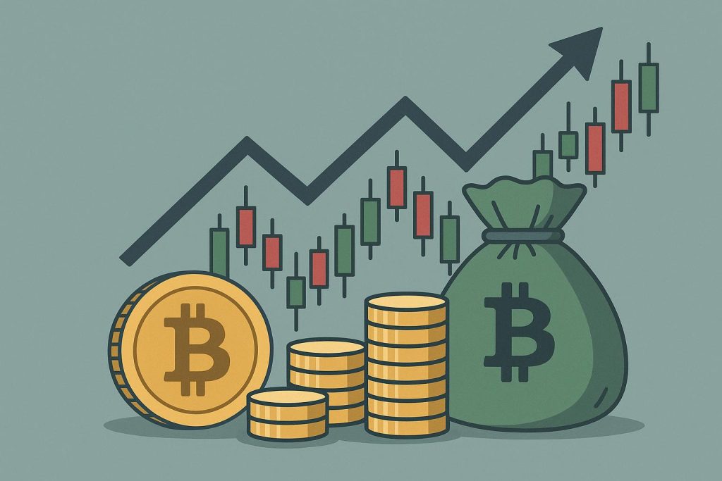 Cryptocurrency coins and growth chart symbolizing realistic investment expectations in crypto