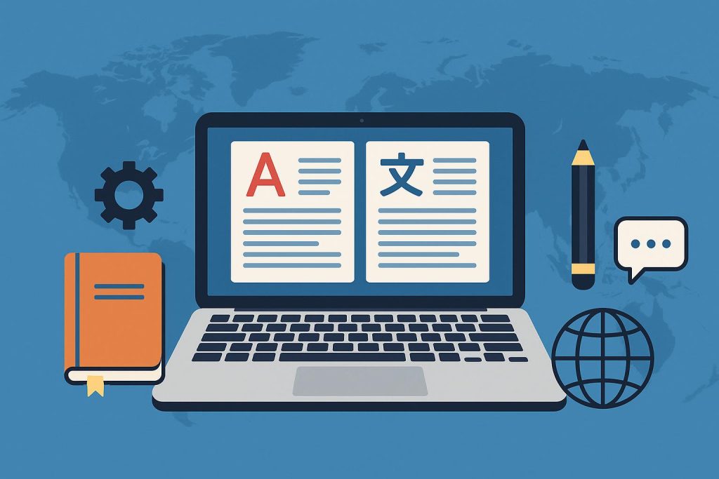 Laptop with multilingual documents and translation tools on a desk for content writers
