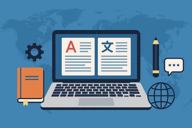 Laptop with multilingual documents and translation tools on a desk for content writers
