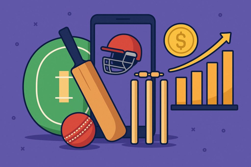 Cricket game app on mobile surrounded by digital revenue icons and cricket equipment