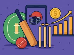 Cricket game app on mobile surrounded by digital revenue icons and cricket equipment