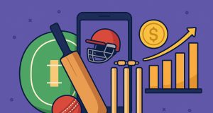 Cricket game app on mobile surrounded by digital revenue icons and cricket equipment