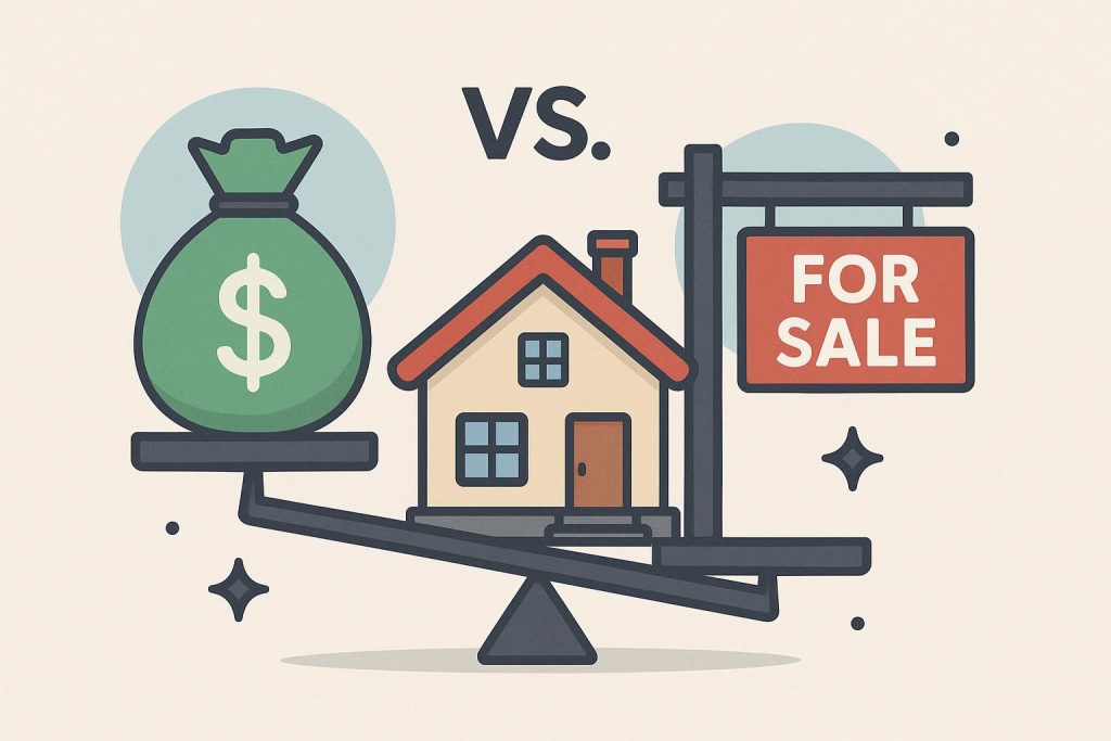 Two hands compare mortgage documents and house keys, symbolizing refinancing vs. selling property
