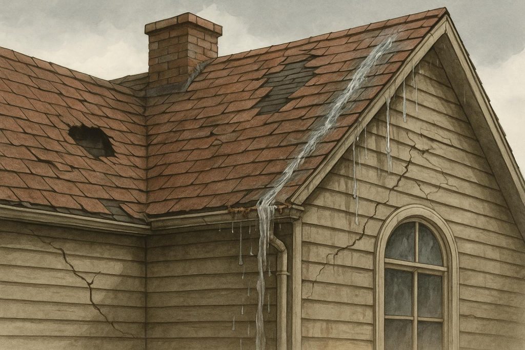 Damaged residential roof with missing shingles highlighting common roofing problems and repair costs