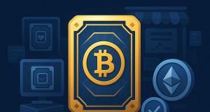 Digital trading cards displayed on a futuristic crypto marketplace platform for collectors