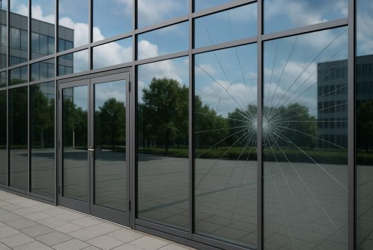 Modern commercial building in Atlanta with large glass windows reflecting city skyline